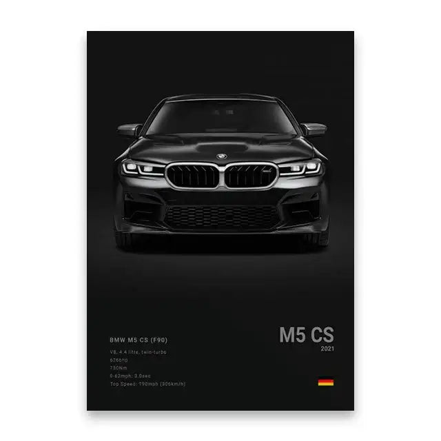 Decorbites™ famous cars canvas wall art print featuring black bmw m5 cs front grille and headlights on dark background