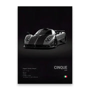 Black and silver pagani zonda cinque famous cars canvas wall art print for modern home decor by DecorBites™