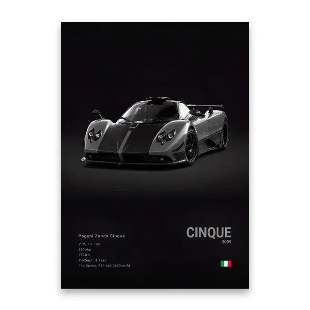 Black and silver pagani zonda cinque famous cars canvas wall art print for modern home decor by DecorBites™
