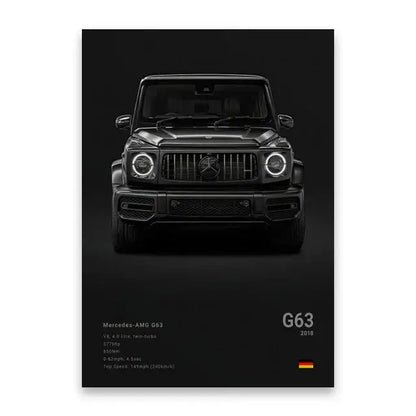 DecorBites™ famous cars canvas wall art print featuring a black matte finish 2018 Mercedes-AMG G63 with aggressive grille design