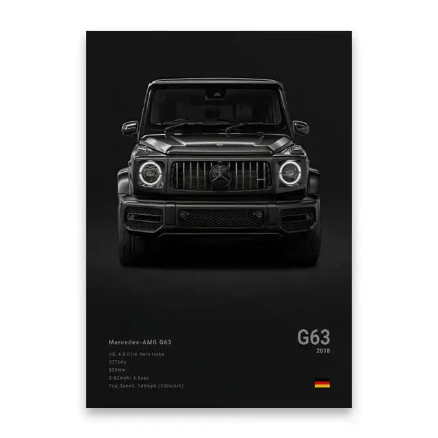DecorBites™ famous cars canvas wall art print featuring a black matte finish 2018 Mercedes-AMG G63 with aggressive grille design
