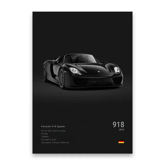 Black porsche 918 spyder sports car famous cars canvas wall art print with sleek aerodynamic design and glossy finish