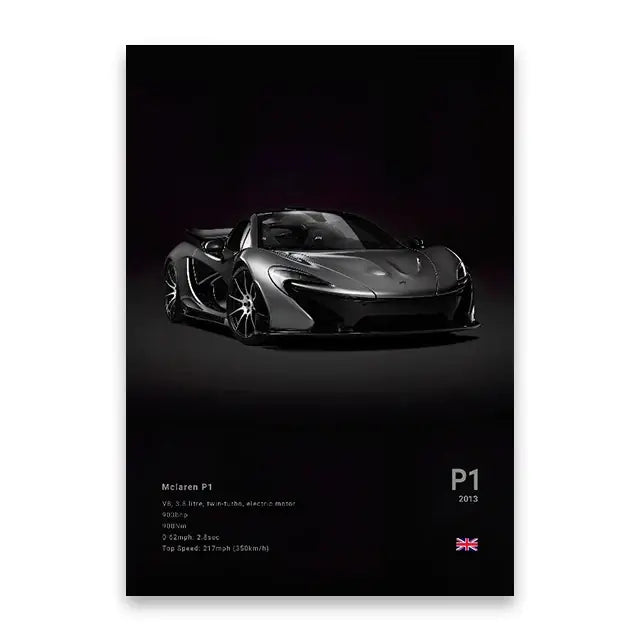 Decorbites™ famous cars canvas wall art print featuring a black mclaren p1 with carbon fiber accents and alloy wheels