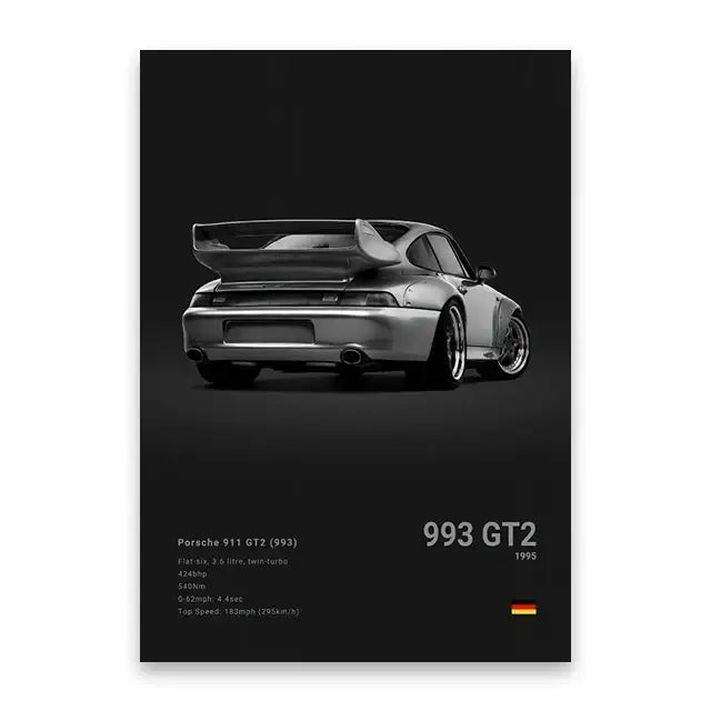 Black and white DecorBites famous cars canvas wall art print featuring a silver Porsche 911 GT2 with raised rear spoiler