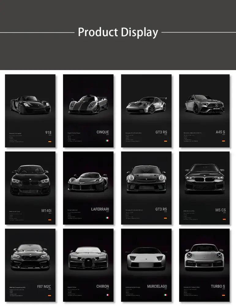 Black and white famous cars canvas wall art print featuring luxury sports cars like porsche 918 and ferrari laferrari