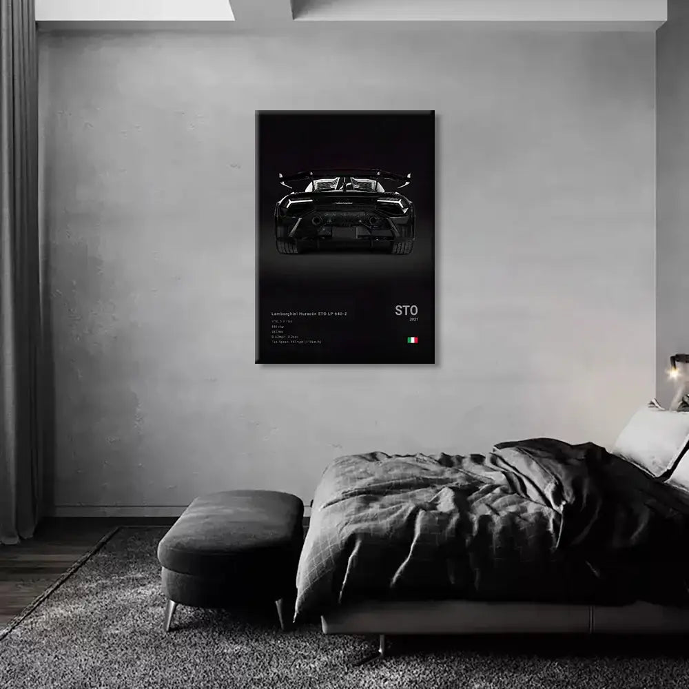 Black framed famous cars canvas wall art print featuring a monochrome rear view illustration of lamborghini huracán sto 2017