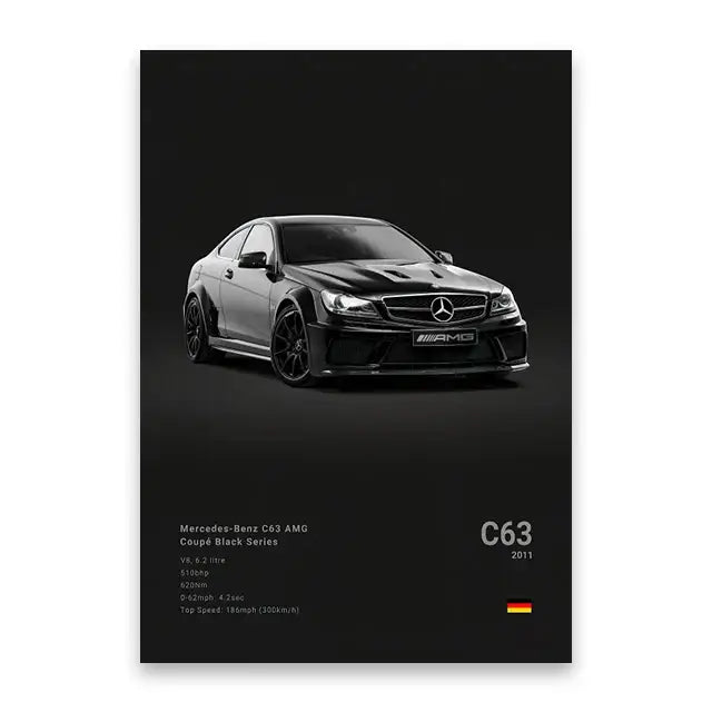 DecorBites™ famous cars canvas wall art print featuring a black Mercedes-Benz C63 AMG coupe with glossy finish and aerodynamic design