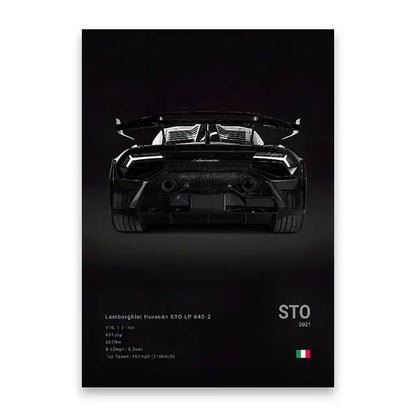 Black lamborghini huracán sto lp 640-2 rear view on famous cars canvas wall art print by decorbites modern home decor