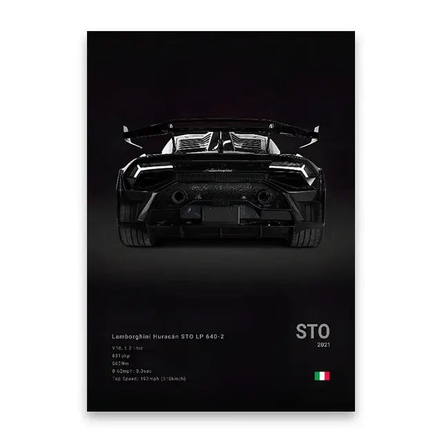 Black lamborghini huracán sto lp 640-2 rear view on famous cars canvas wall art print by decorbites modern home decor