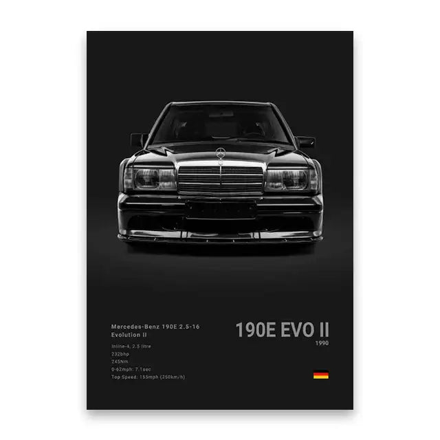 Black-and-white famous cars canvas featuring front view of 190e evo ii grille and headlights for modern home decor