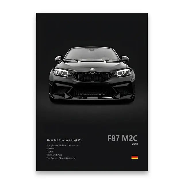 Black bmw m2 competition famous cars canvas wall art print with sleek glossy finish for modern home decor by DecorBites