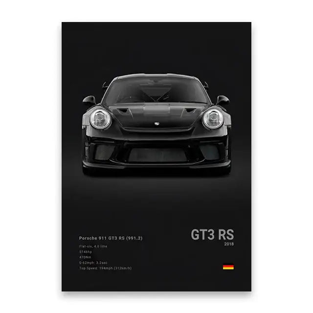 DecorBites™ famous cars canvas wall art featuring a black Porsche 911 GT3 RS with sleek design for modern home décor