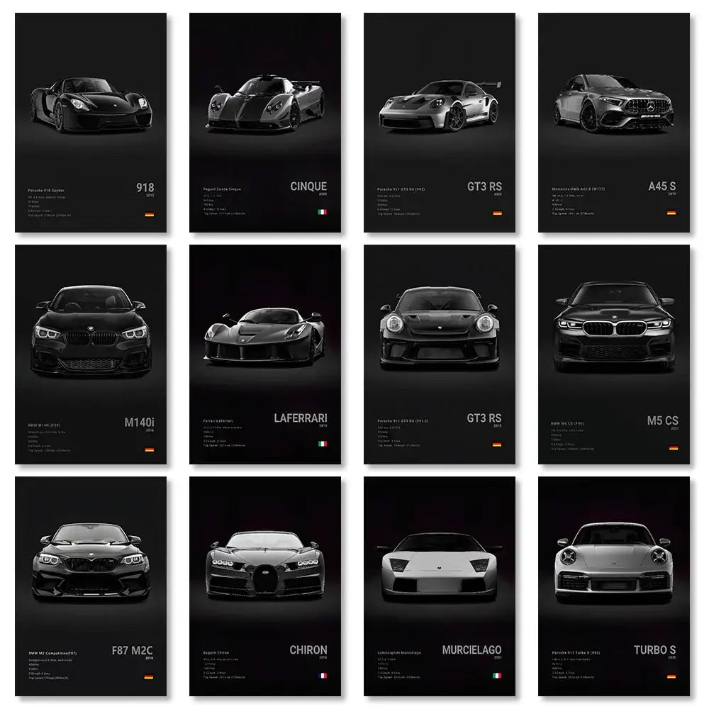 Set of twelve black-and-white luxury sports famous cars canvas wall art prints featuring porsche 918 pagani huayra and ferrari laferrari