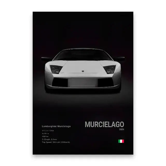 White lamborghini murcielago 2001 famous cars canvas wall art print featuring sleek design for modern home decor