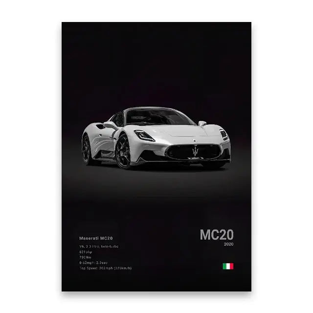 White maserati mc20 sports car poster with sleek aerodynamic design and black alloy wheels famous cars canvas wall art