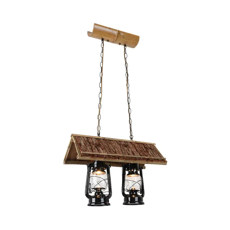 Decorbites farmhouse 2-light black iron pendant ceiling light with clear glass shades and rustic wood roof deco design