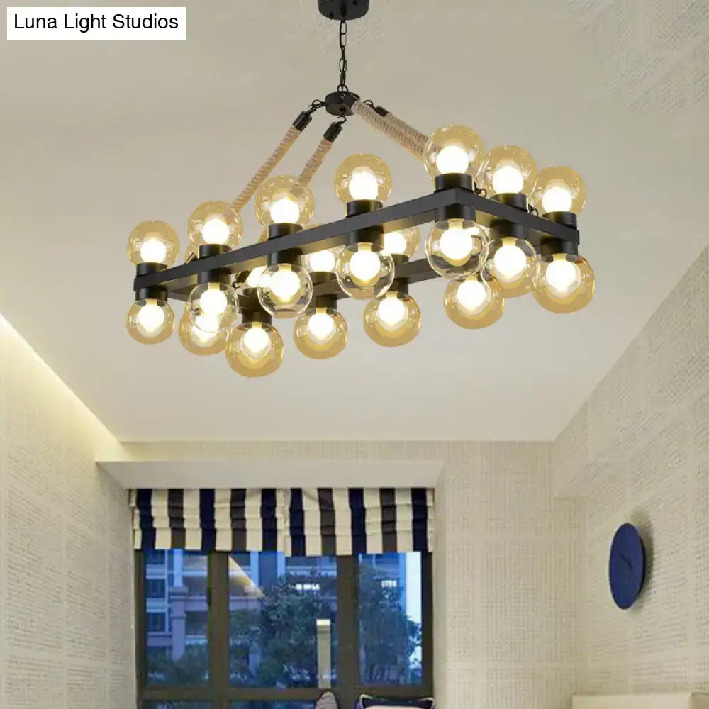 DecorBites™ farmhouse black pendant light with 24 cognac glass globes and rope accents for dining room LED use