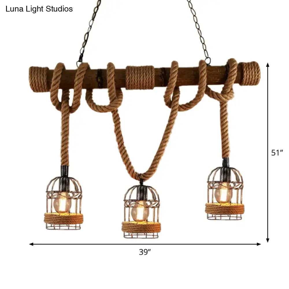 Rustic wooden beam pendant light with three rope-wrapped wire brown iron birdcage bulbs by decorbites farmhouse