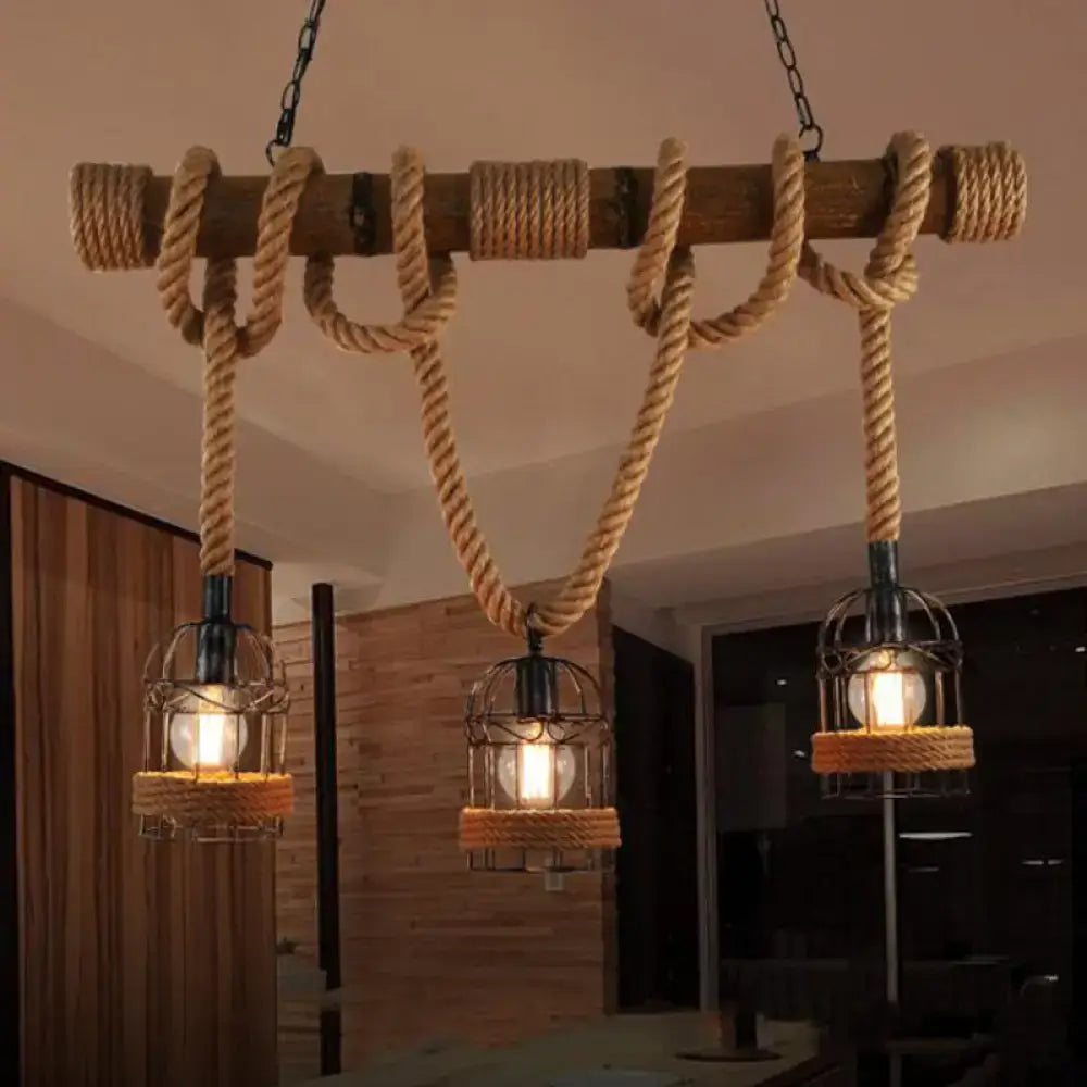 Rustic wooden beam chandelier with thick beige rope and three brown iron bird cage pendant light fixtures