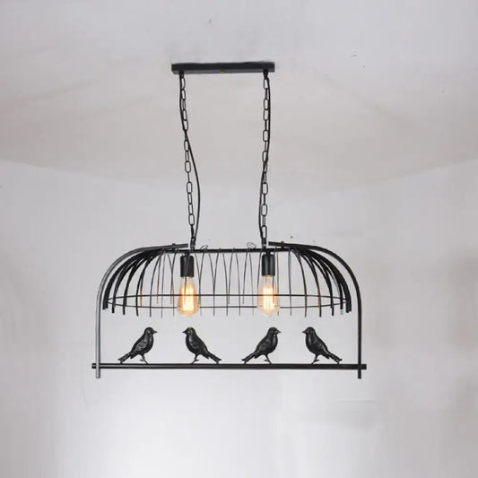 DecorBites™ farmhouse metal black finish birdcage ceiling light fixture with two exposed LED incandescent bulbs and sculpted birds