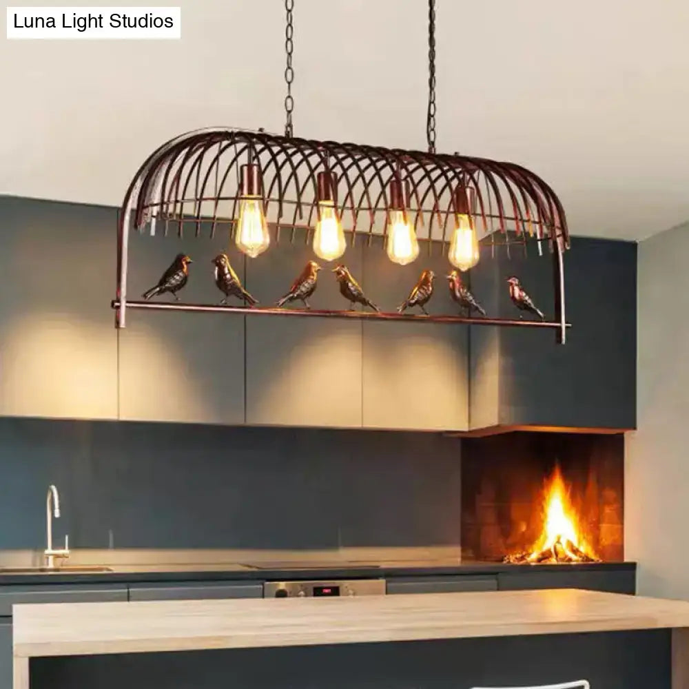 DecorBites farmhouse metal black finish birdcage ceiling light fixture with five edison bulbs and bronze bird figurines