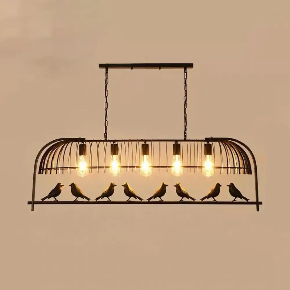 DecorBites farmhouse black wrought iron birdcage ceiling light fixture with five LED filament bulbs and six bird figures