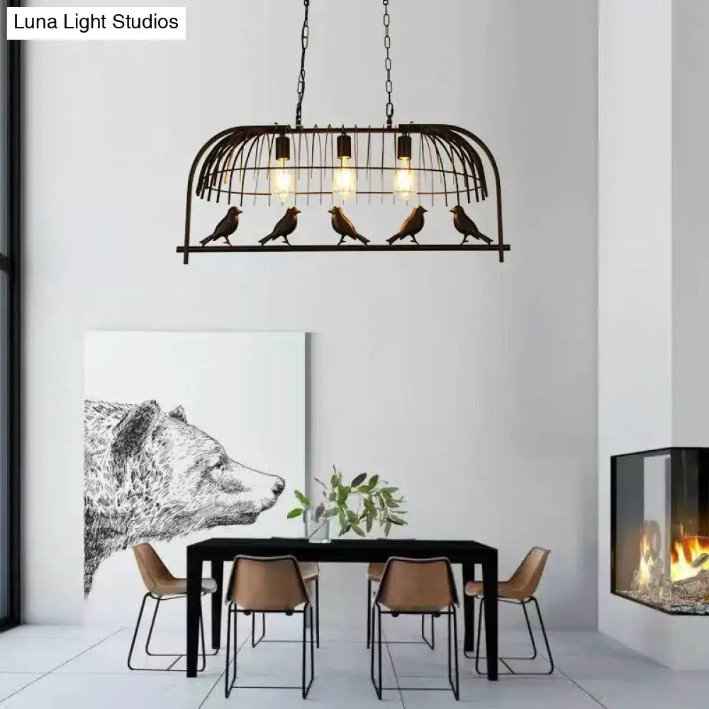 DecorBites farmhouse black wrought iron birdcage ceiling light fixture with five exposed bulbs and decorative birds