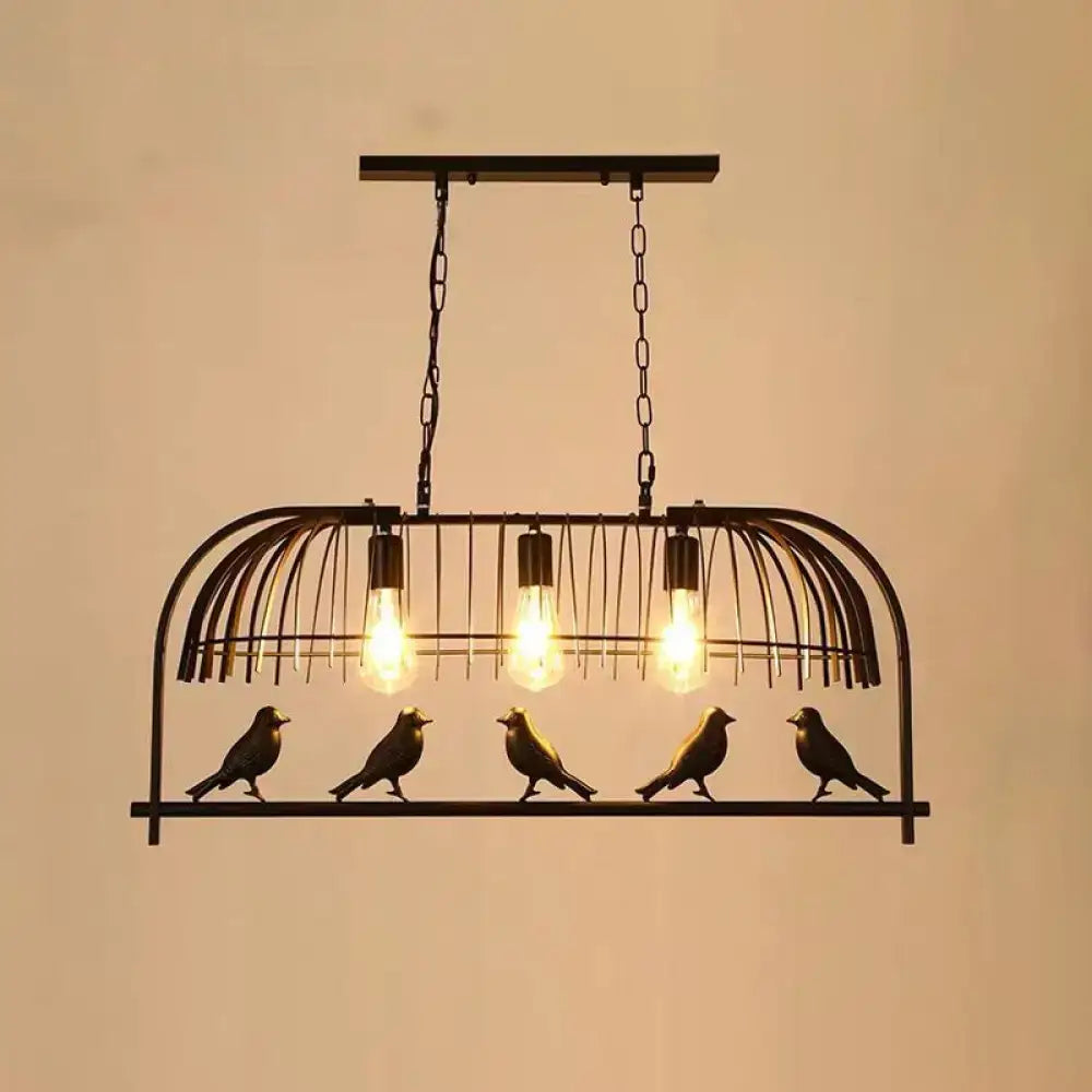 DecorBites™ farmhouse black wrought iron birdcage ceiling light fixture with three bulbs and five sculpted birds