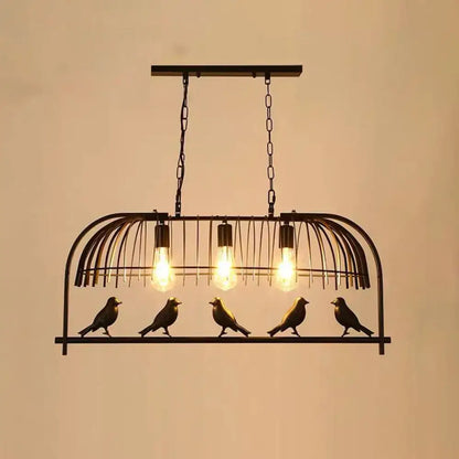 DecorBites™ farmhouse black wrought iron birdcage ceiling light fixture with three bulbs and five sculpted birds
