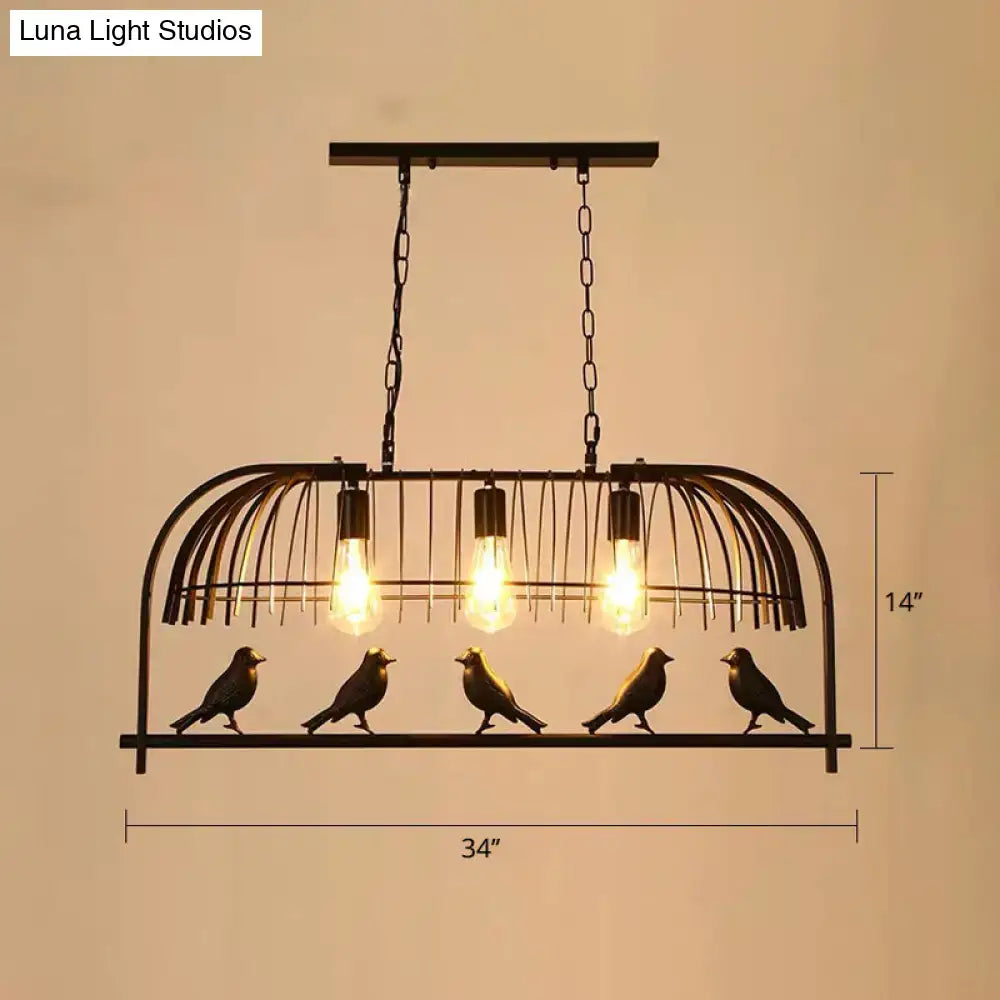 DecorBites™ farmhouse metal black finish birdcage ceiling light fixture with three exposed Edison bulbs and sculpted birds