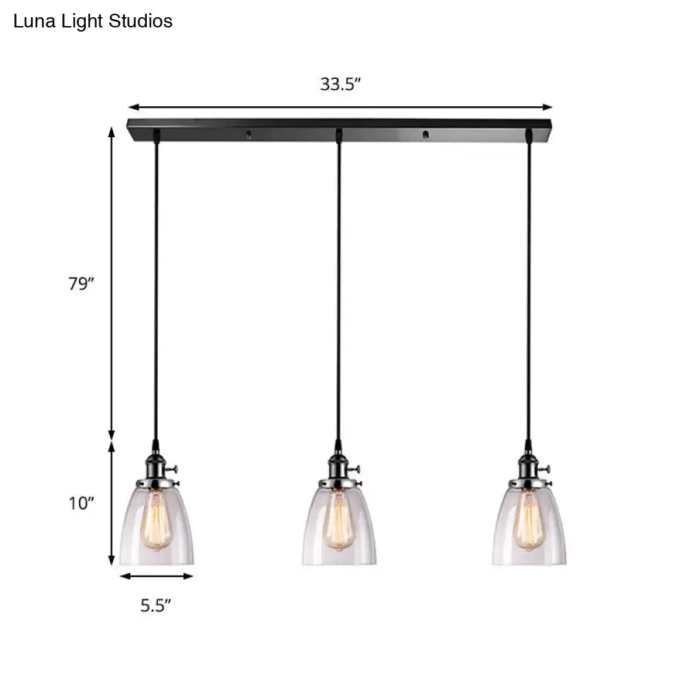 Decorbites farmhouse black metal pendant light with linear canopy and three clear glass ribbed shades for dining room