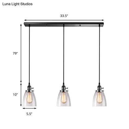 Decorbites farmhouse black metal pendant light with linear canopy and three clear glass ribbed shades for dining room