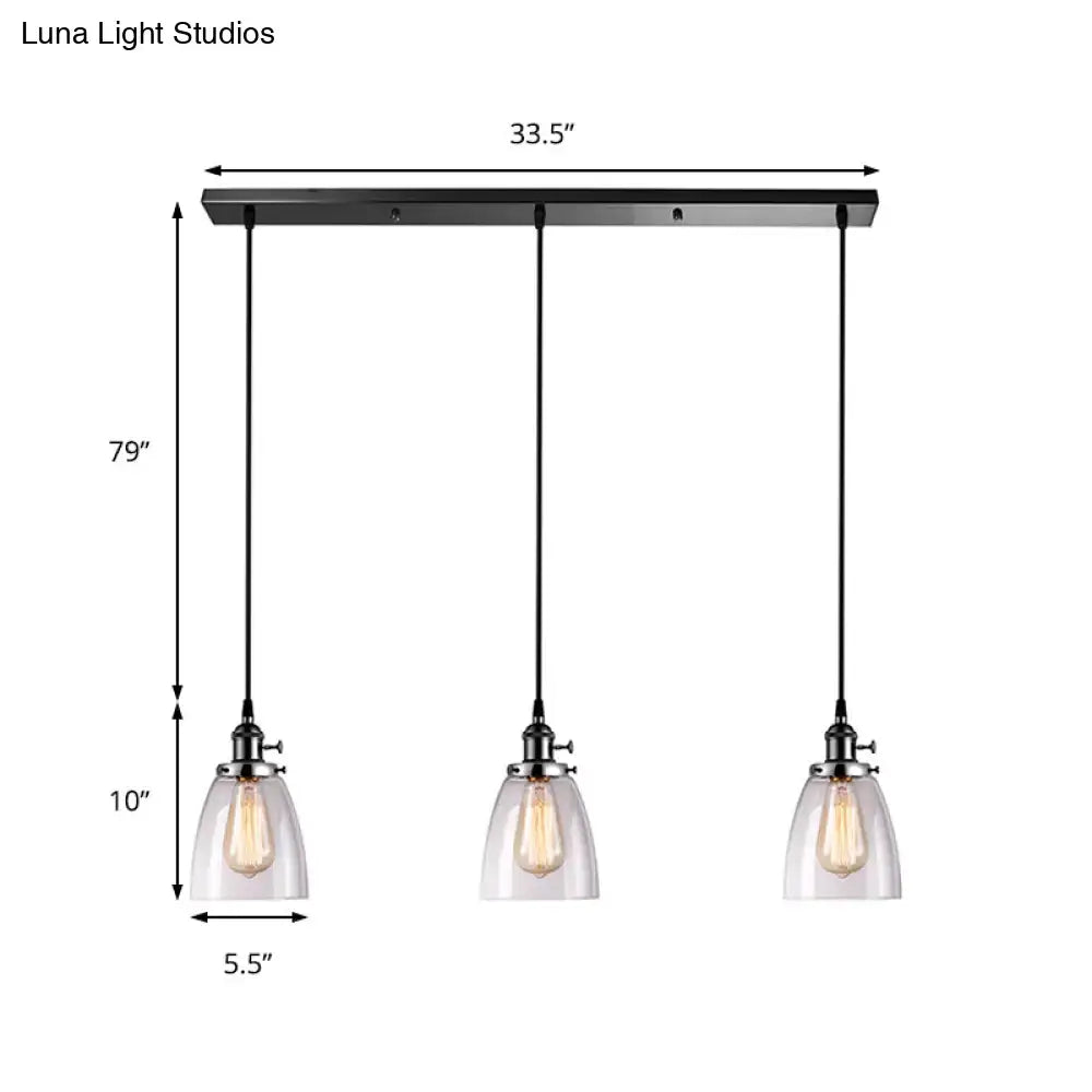 DecorBites™ farmhouse black metal pendant light with linear canopy and three clear glass ribbed shades for dining room