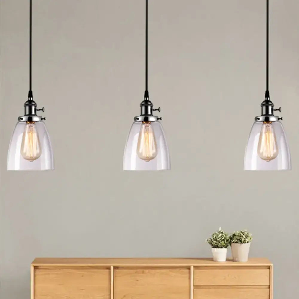 DecorBites farmhouse pendant light with three clear glass shades and linear canopy for dining room lighting