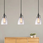 DecorBites farmhouse pendant light with three clear glass shades and linear canopy for dining room lighting