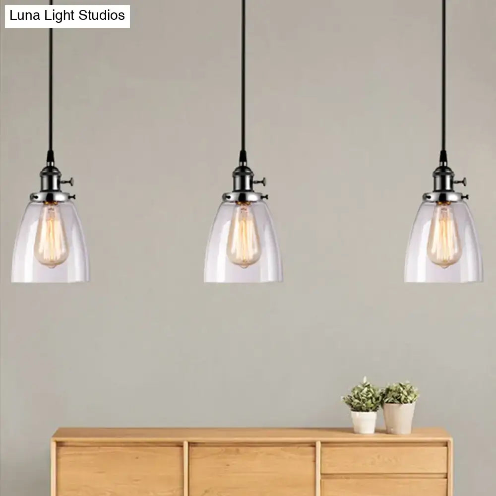DecorBites farmhouse pendant light fixture with linear canopy and three clear glass ribbed shades for dining room