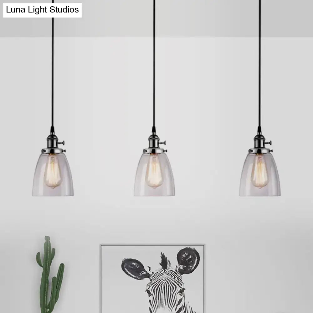 DecorBites farmhouse pendant light with three clear glass ribbed shades and linear canopy for dining room lighting