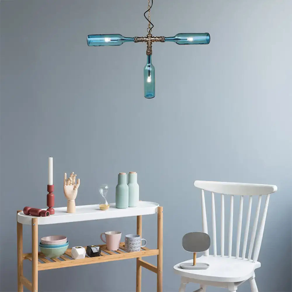 Decorbites farmhouse style smoke gray blue glass bottle chandelier with aged silver black brass hardware hanging lamp