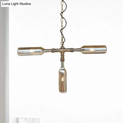 Decorbites™ farmhouse style smoke gray blue aged silver black chandelier with three repurposed wine bottle lights