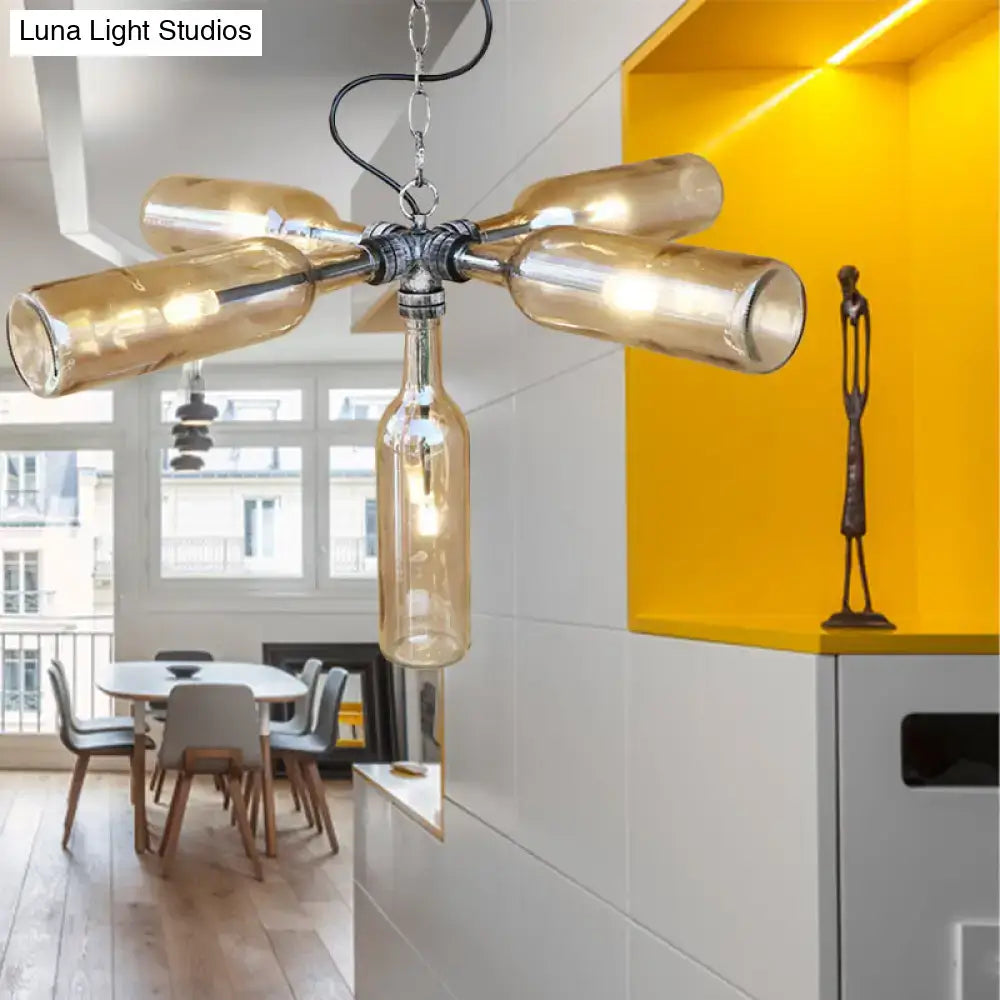 A farmhouse style ceiling lighting with recycled amber glass bottles in smoke gray blue and aged silver black finish