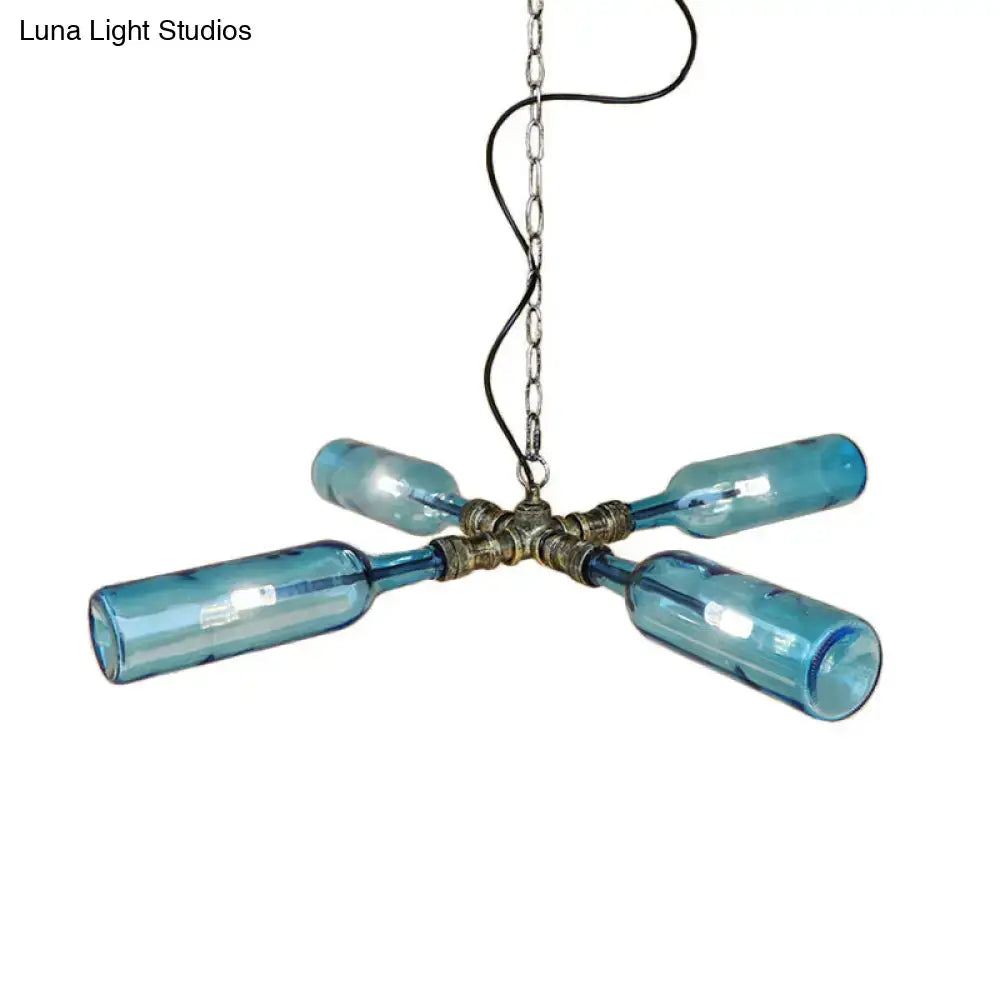 Decorbites farmhouse smoke gray blue glass bottle chandelier with aged silver black metallic hub and chain suspension
