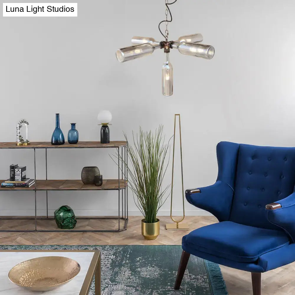 DecorBites™ farmhouse style chandelier with smoke gray blue glass bottles and aged silver black metal arms hanging lamp