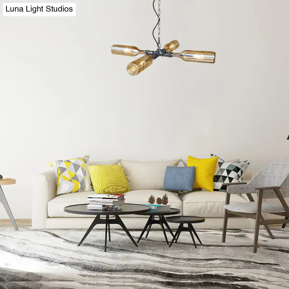 Industrial-style chandelier from decorbites crafted with smoke gray blue glass bottles and aged silver black metal frame