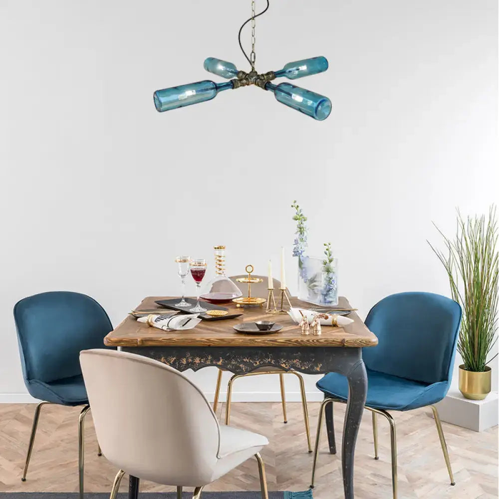 DecorBites farmhouse style smoke gray blue glass bottle chandelier with brass hardware in aged silver black finish