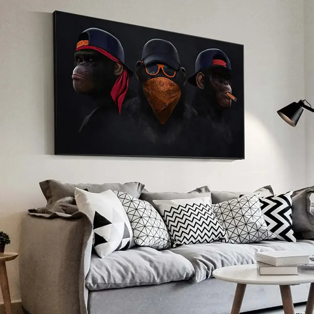Black canvas monkey wall art featuring three hip-hop styled monkeys wearing caps and bandanas with one smoking a cigar