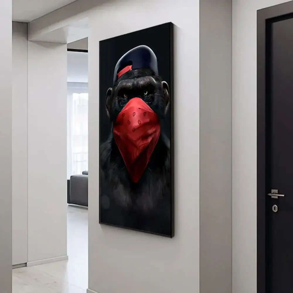 Black-framed canvas monkey wall art featuring a gorilla with a navy cap and red bandana for premium home decor