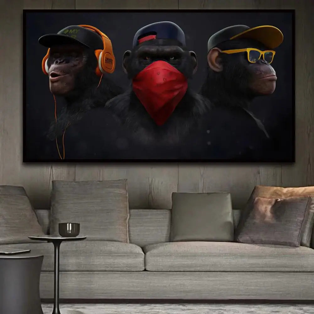 Black-framed canvas monkey wall art featuring three hip-hop style chimpanzees with colorful accessories by decorbites