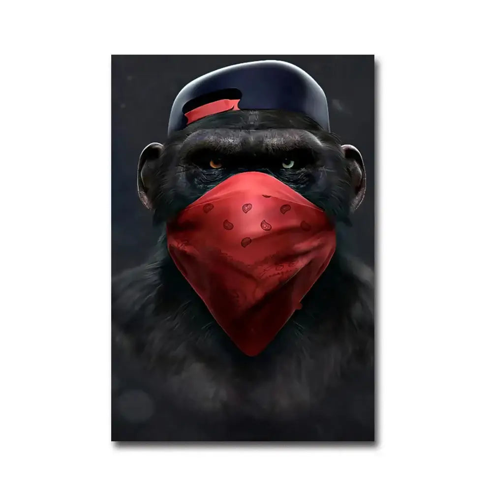 DecorBites™ monkey wall art featuring a black gorilla portrait with a red paisley bandana and navy blue cap