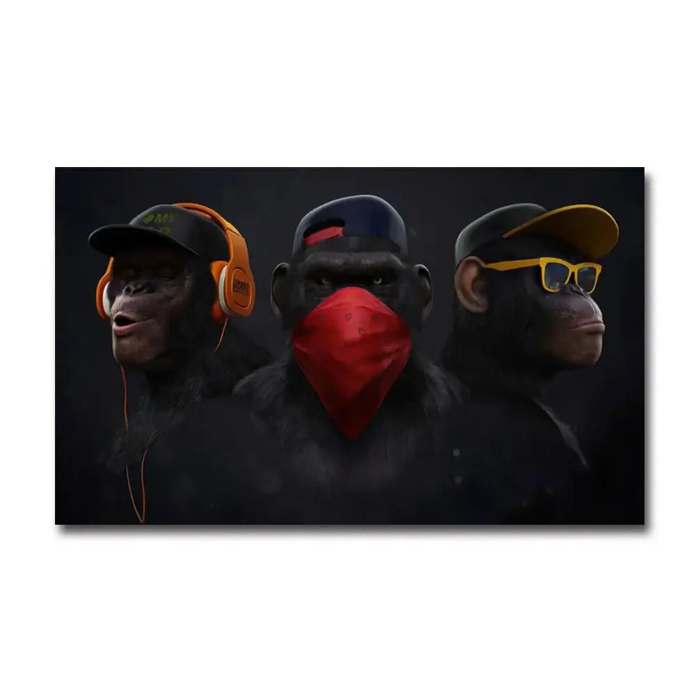 Black canvas monkey wall art featuring three stylized chimpanzees in hip-hop fashion with colorful accessories