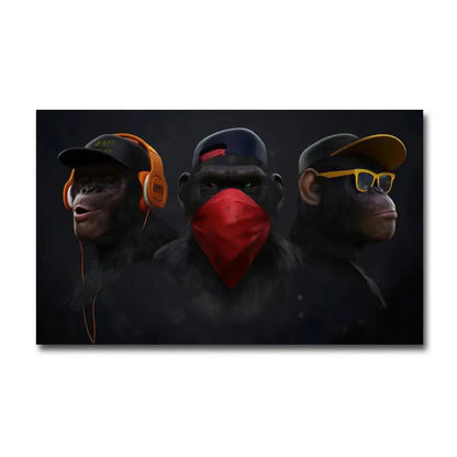 Black canvas monkey wall art featuring three stylized chimpanzees in hip-hop fashion with colorful accessories